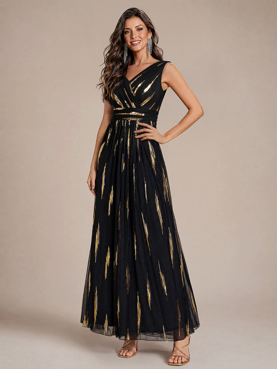Robe A-Line sans manches en V maxi en sequins avec tissu extensible #Couleur_Noir / Or métallique