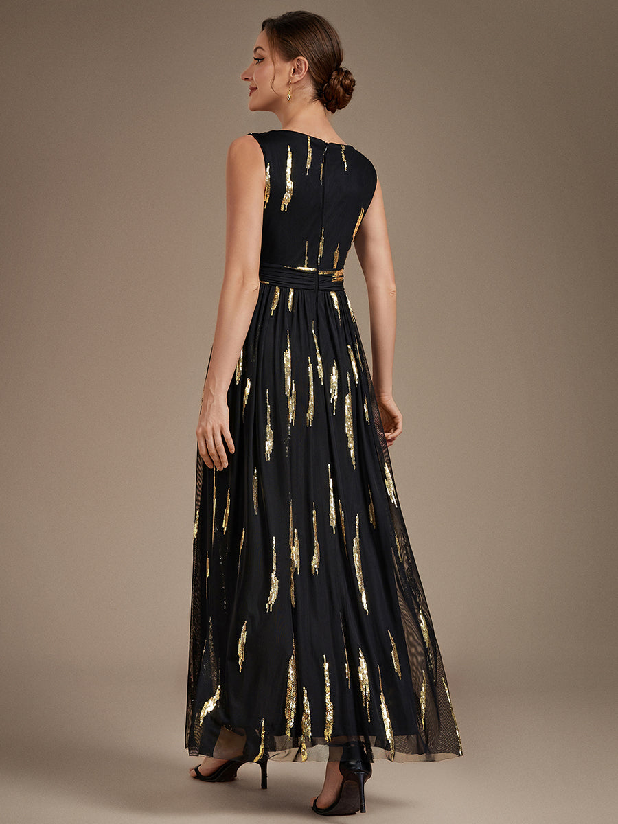 Robe A-Line sans manches en V maxi en sequins avec tissu extensible #Couleur_Noir & Or