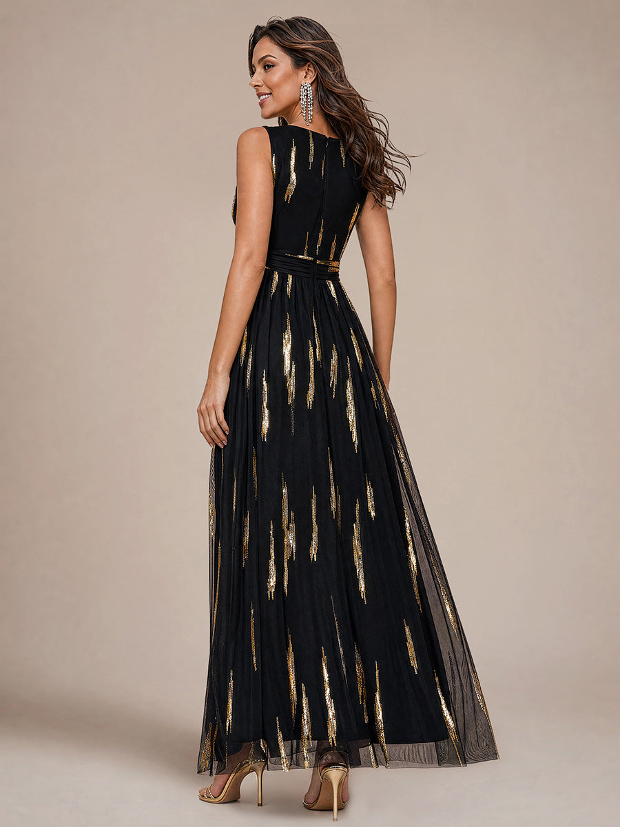 Robe A-Line sans manches en V maxi en sequins avec tissu extensible #Couleur_Noir / Or métallique