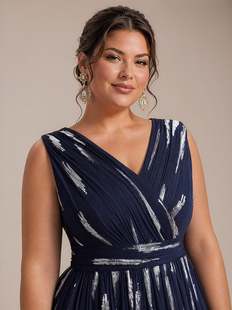 Robe A-Line sans manches en V maxi en sequins avec tissu extensible #Couleur_Bleu Marine