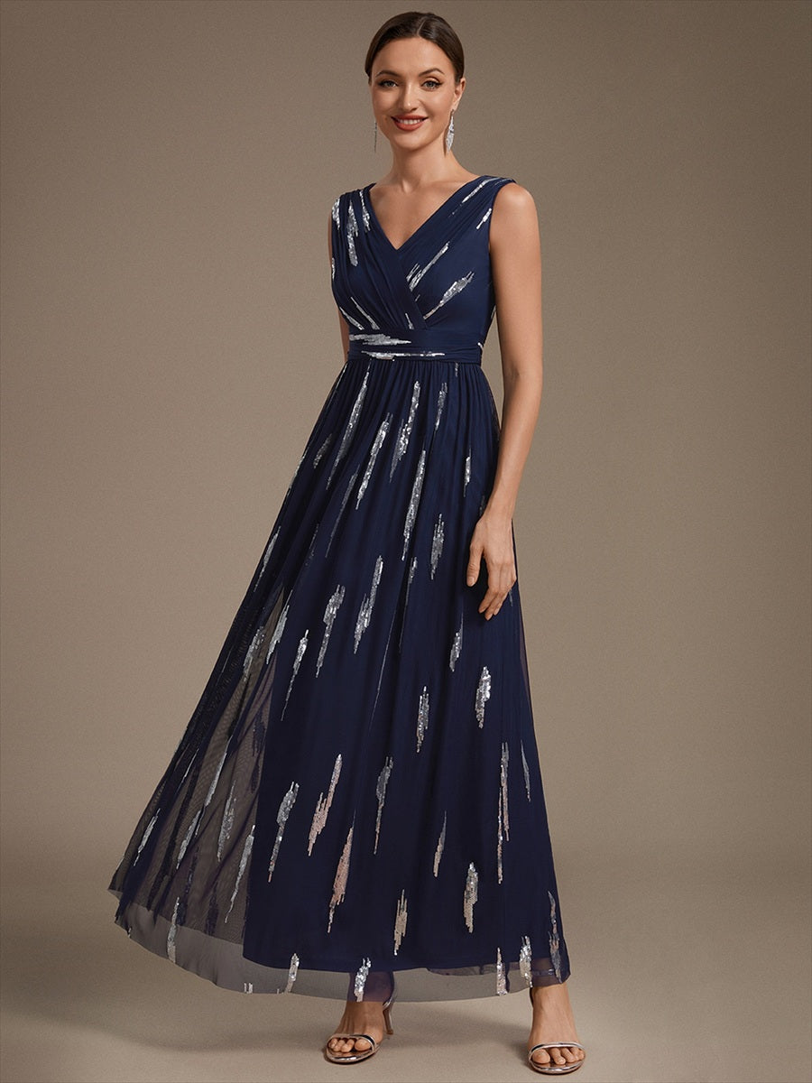 Robe A-Line sans manches en V maxi en sequins avec tissu extensible #Couleur_Bleu Marine