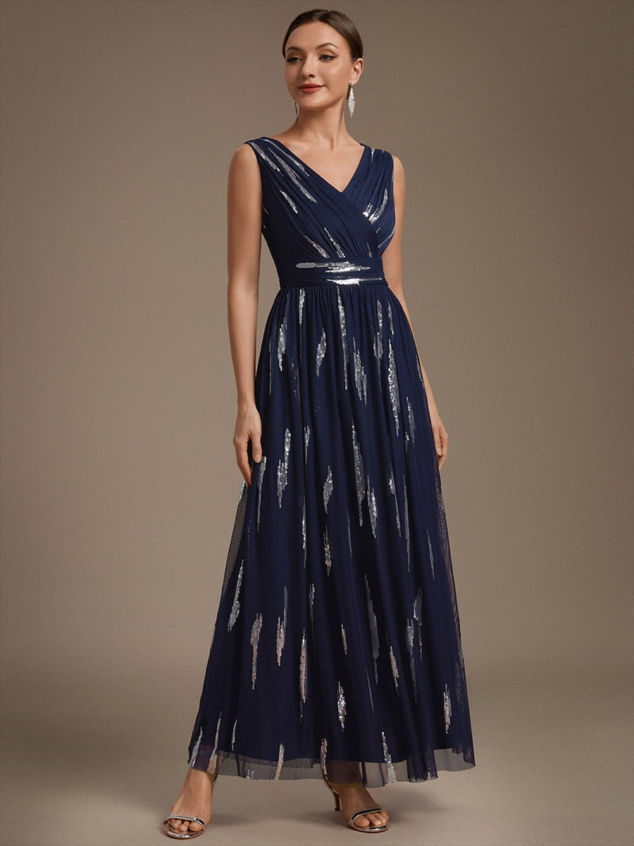 Robe A-Line sans manches en V maxi en sequins avec tissu extensible #Couleur_Bleu Marine