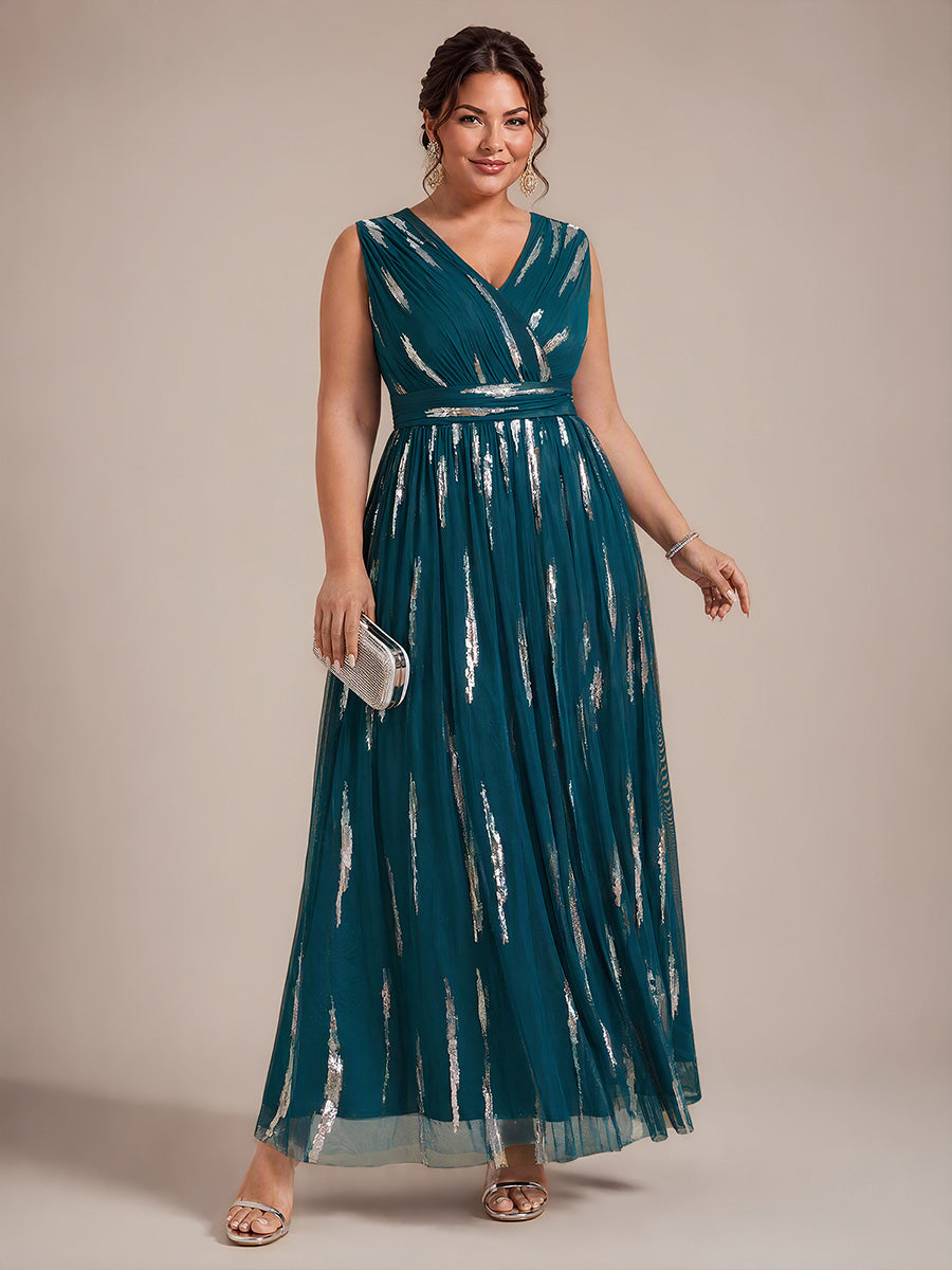 Robe A-Line sans manches en V maxi en sequins avec tissu extensible #Couleur_Bleu Sarcelle