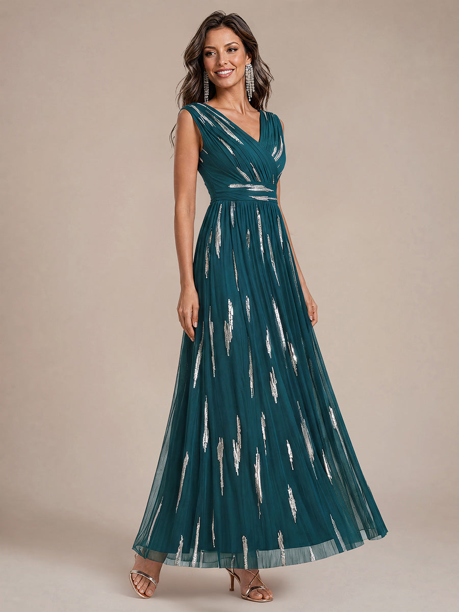 Robe A-Line sans manches en V maxi en sequins avec tissu extensible #Couleur_Bleu Sarcelle