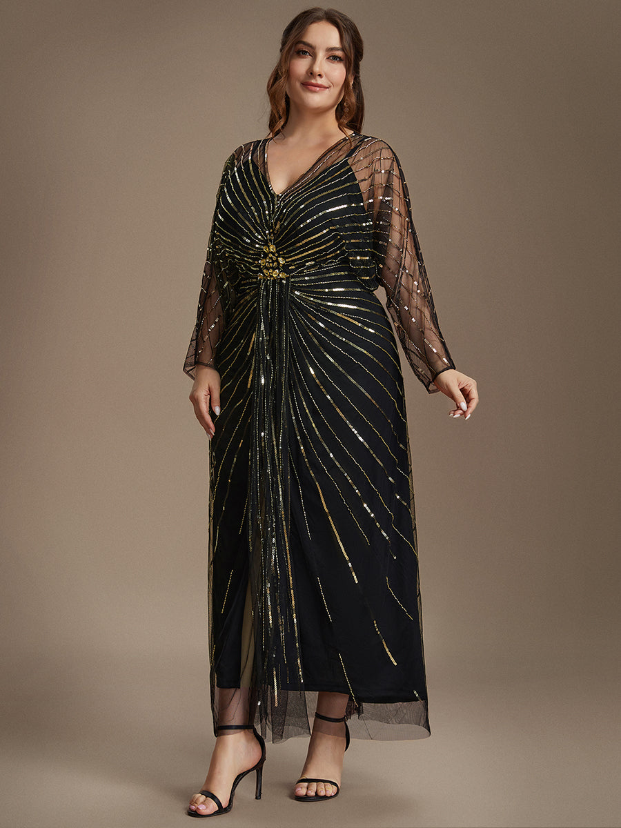 Robe maxi bodycon à manches longues en V ornée de sequins avec manches chauve-souris et fente #Couleur_Noir & Or