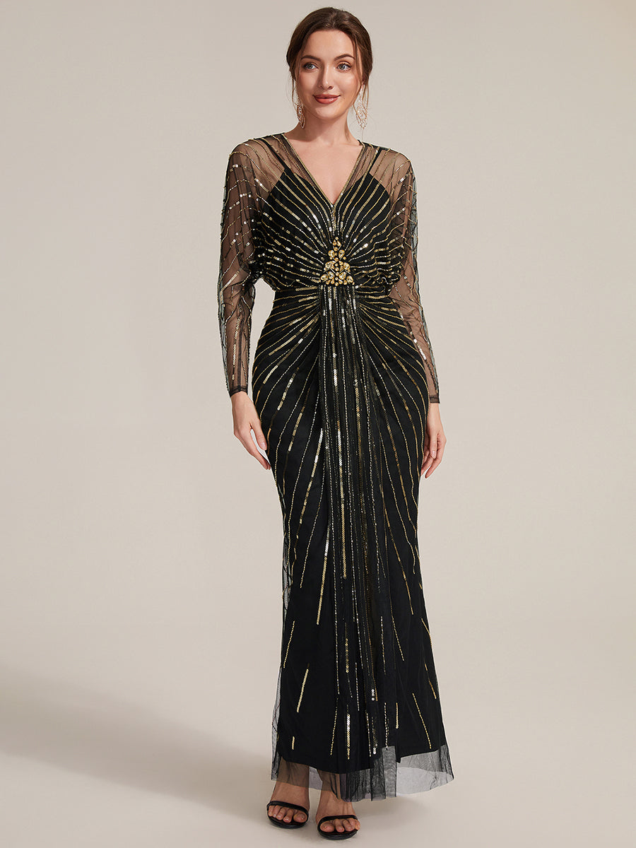 Robe maxi bodycon à manches longues en V ornée de sequins avec manches chauve-souris et fente #Couleur_Noir & Or
