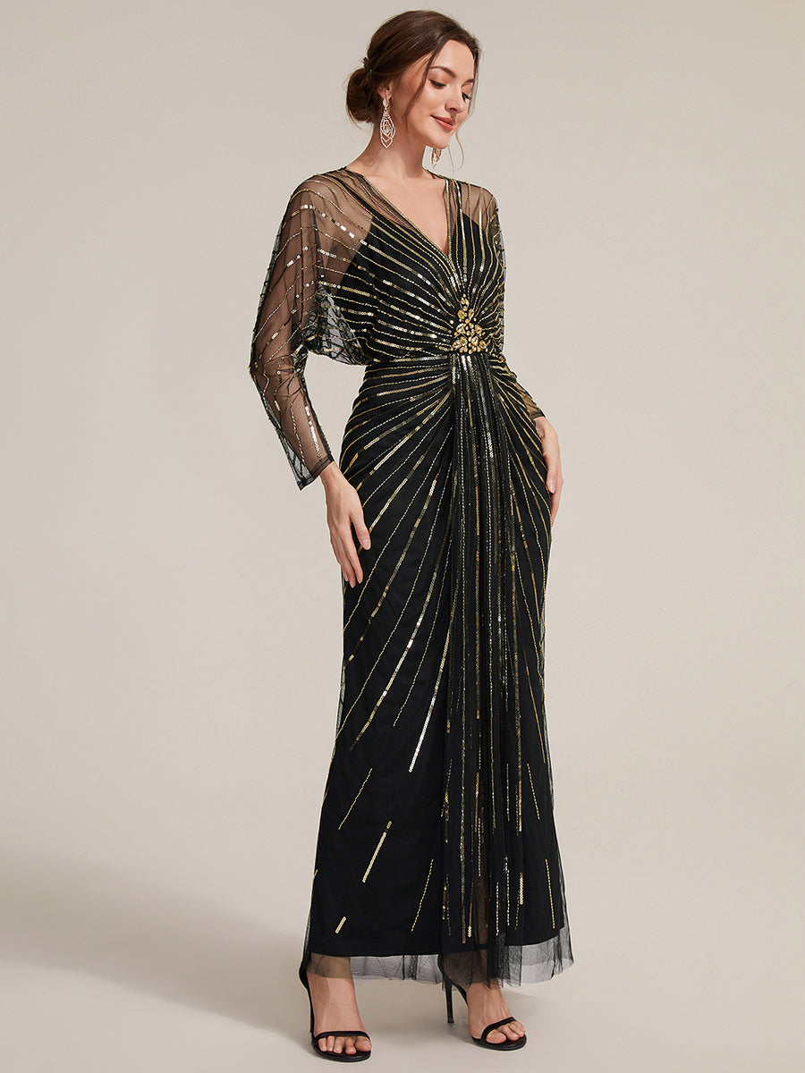 Robe maxi bodycon à manches longues en V ornée de sequins avec manches chauve-souris et fente #Couleur_Noir & Or