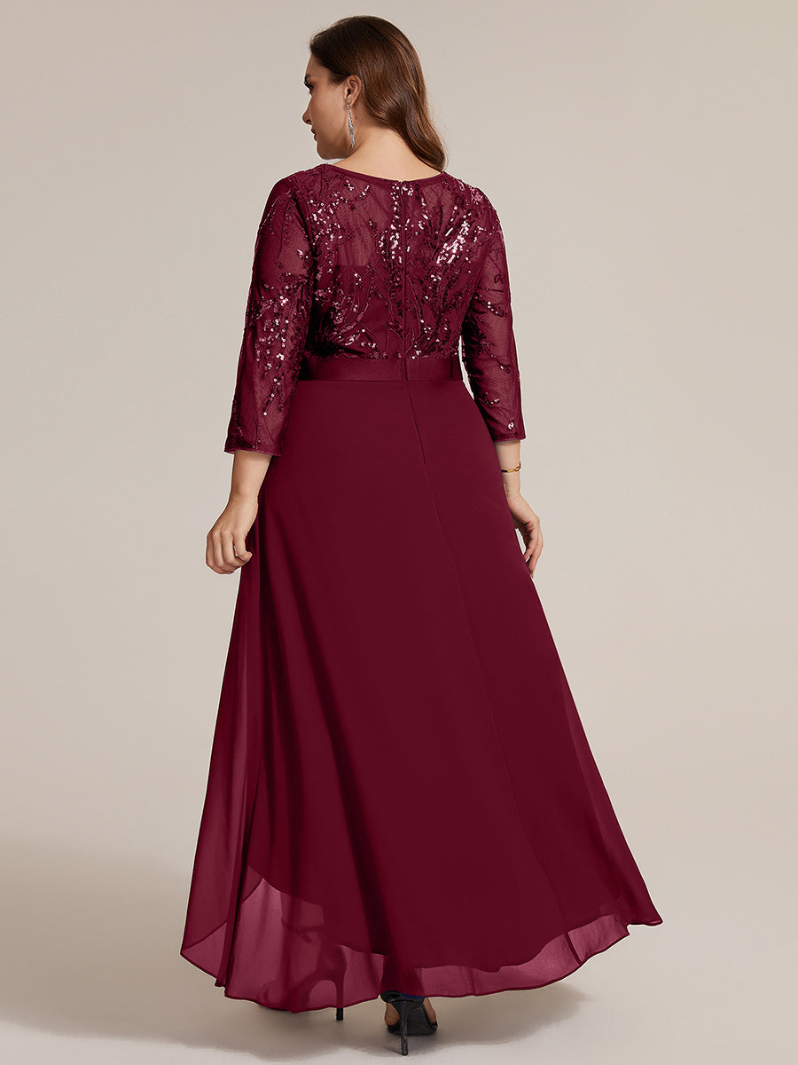 Robe A-Line ¨¤ manches trois quarts avec un ourlet asym¨¦trique des volants et des d¨¦tails transparents #Couleur_Bordeaux
