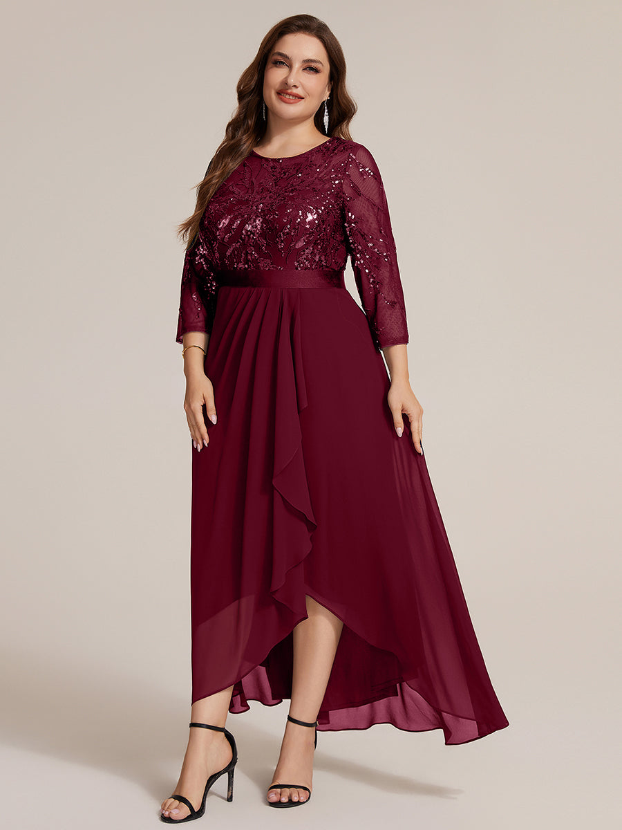 Robe A-Line ¨¤ manches trois quarts avec un ourlet asym¨¦trique des volants et des d¨¦tails transparents #Couleur_Bordeaux