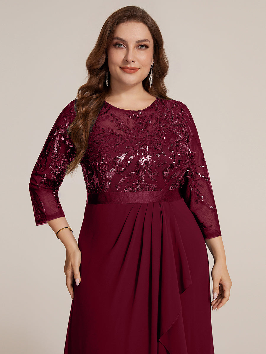 Robe A-Line ¨¤ manches trois quarts avec un ourlet asym¨¦trique des volants et des d¨¦tails transparents #Couleur_Bordeaux