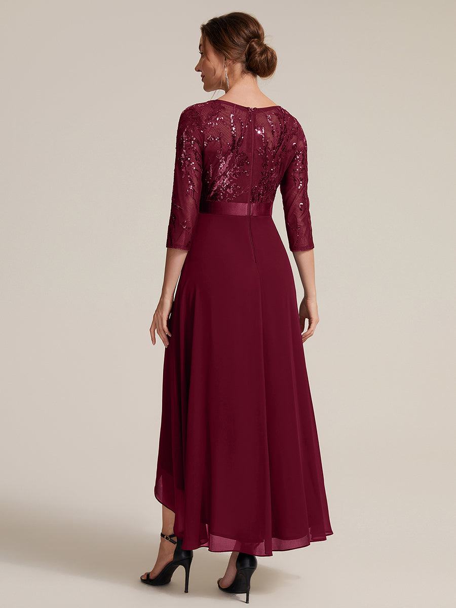 Robe A-Line ¨¤ manches trois quarts avec un ourlet asym¨¦trique des volants et des d¨¦tails transparents #Couleur_Bordeaux
