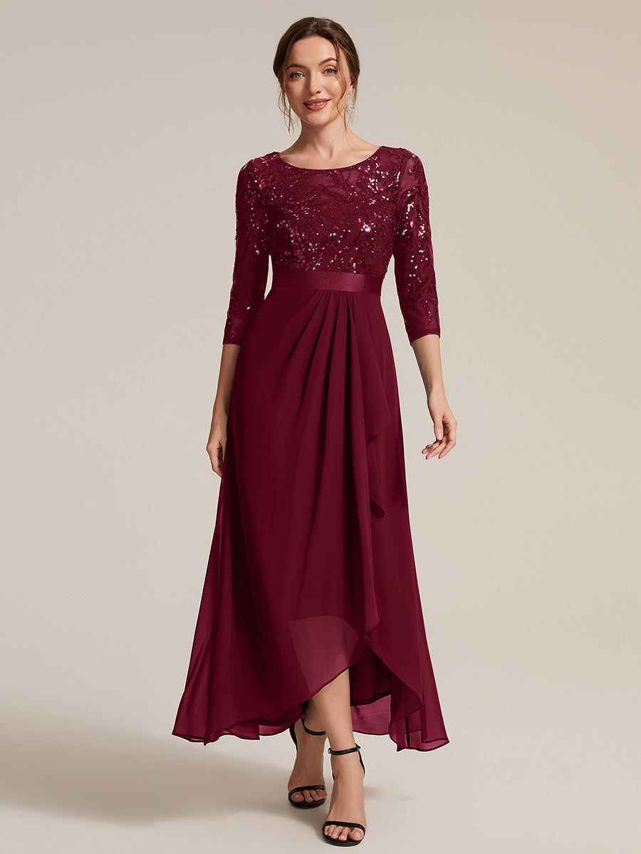 Robe A-Line ¨¤ manches trois quarts avec un ourlet asym¨¦trique des volants et des d¨¦tails transparents #Couleur_Bordeaux