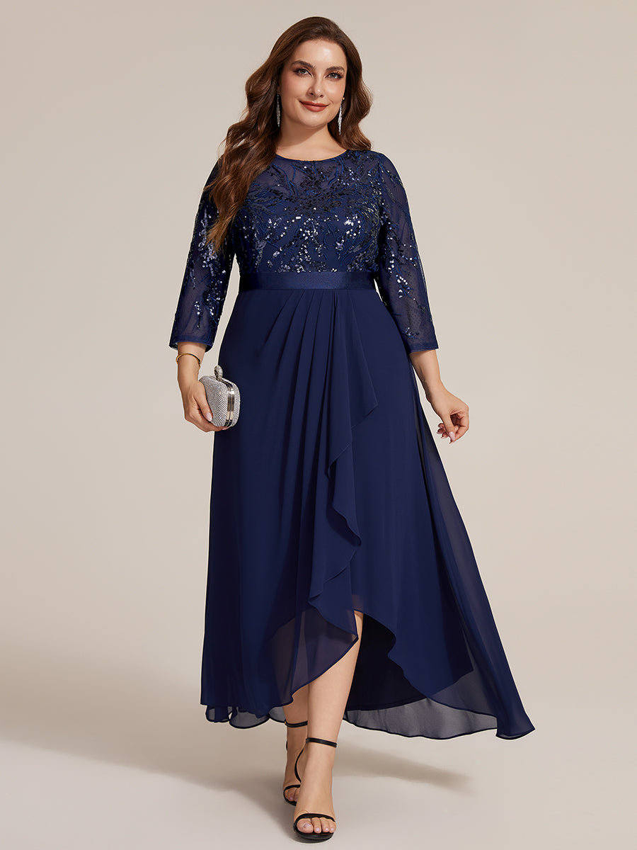 Robe A-Line ¨¤ manches trois quarts avec un ourlet asym¨¦trique des volants et des d¨¦tails transparents #Couleur_Bleu Marine