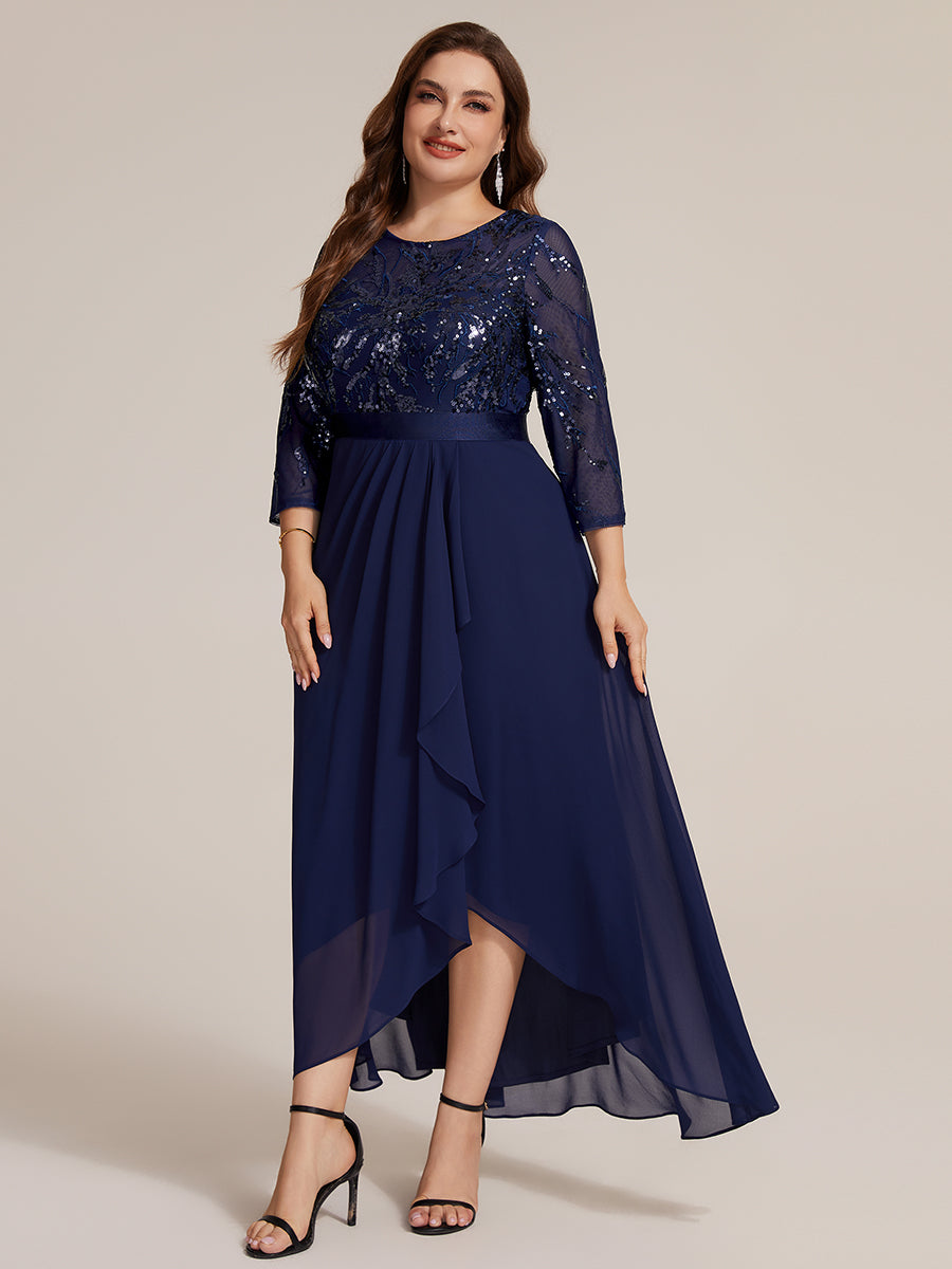 Robe A-Line ¨¤ manches trois quarts avec un ourlet asym¨¦trique des volants et des d¨¦tails transparents #Couleur_Bleu Marine