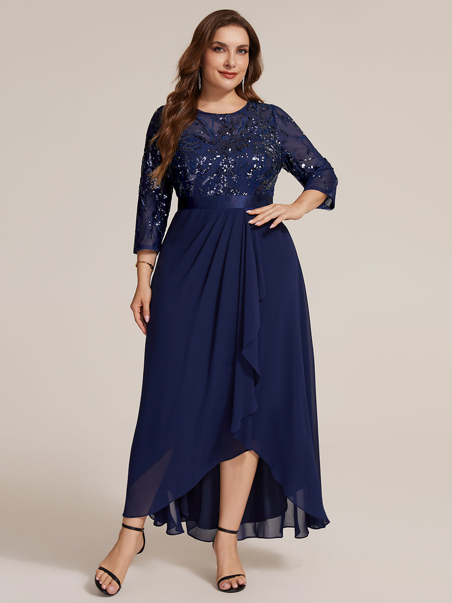 Robe A-Line ¨¤ manches trois quarts avec un ourlet asym¨¦trique des volants et des d¨¦tails transparents #Couleur_Bleu Marine