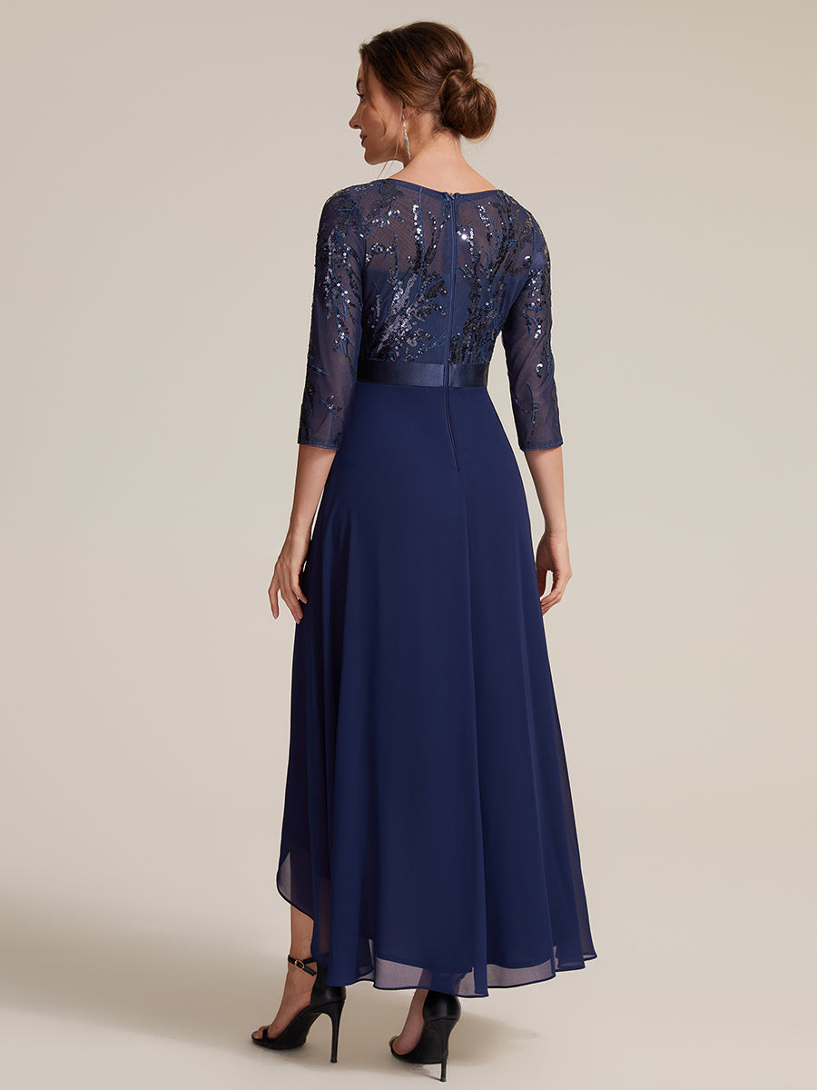 Robe A-Line ¨¤ manches trois quarts avec un ourlet asym¨¦trique des volants et des d¨¦tails transparents #Couleur_Bleu Marine