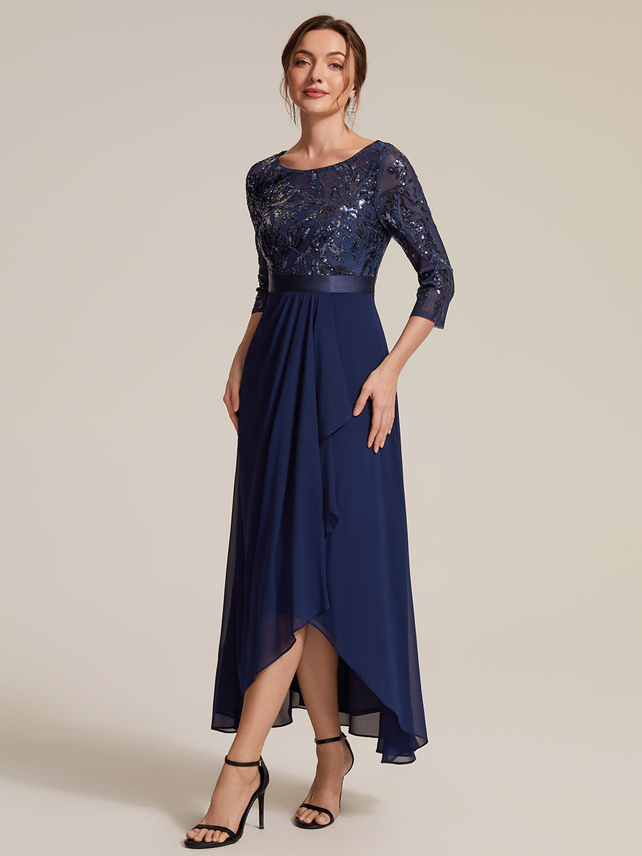 Robe A-Line ¨¤ manches trois quarts avec un ourlet asym¨¦trique des volants et des d¨¦tails transparents #Couleur_Bleu Marine