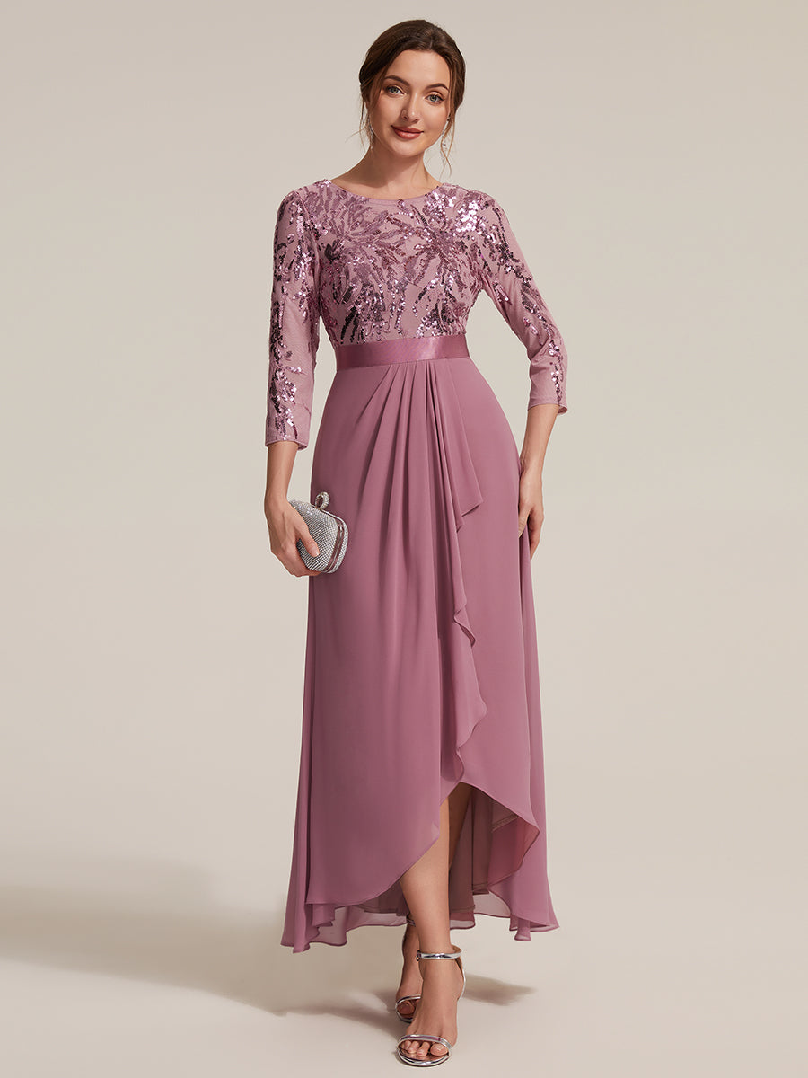Robe A-Line ¨¤ manches trois quarts avec un ourlet asym¨¦trique des volants et des d¨¦tails transparents #Couleur_Orchidee