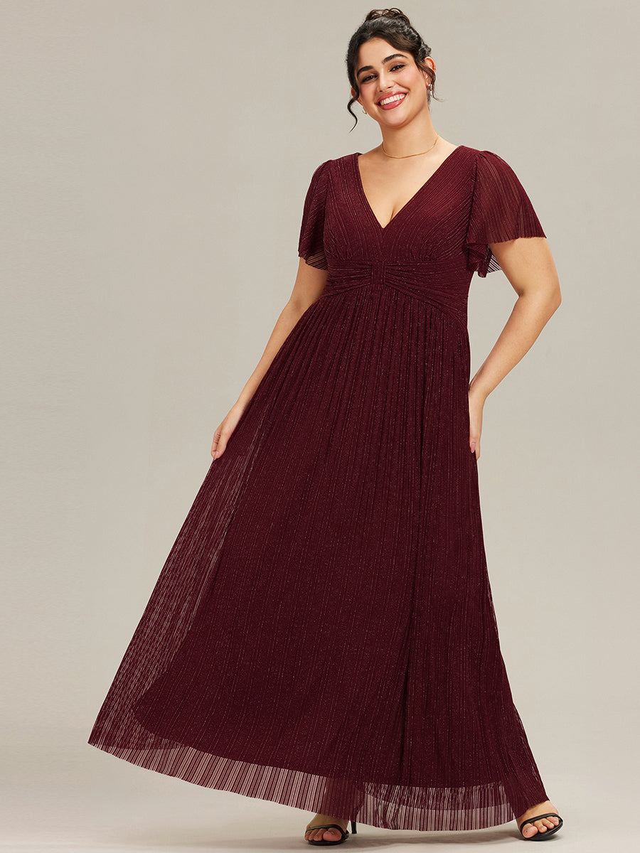 Robe de soirée formelle scintillante à manches courtes et col en V #Couleur_Bordeaux