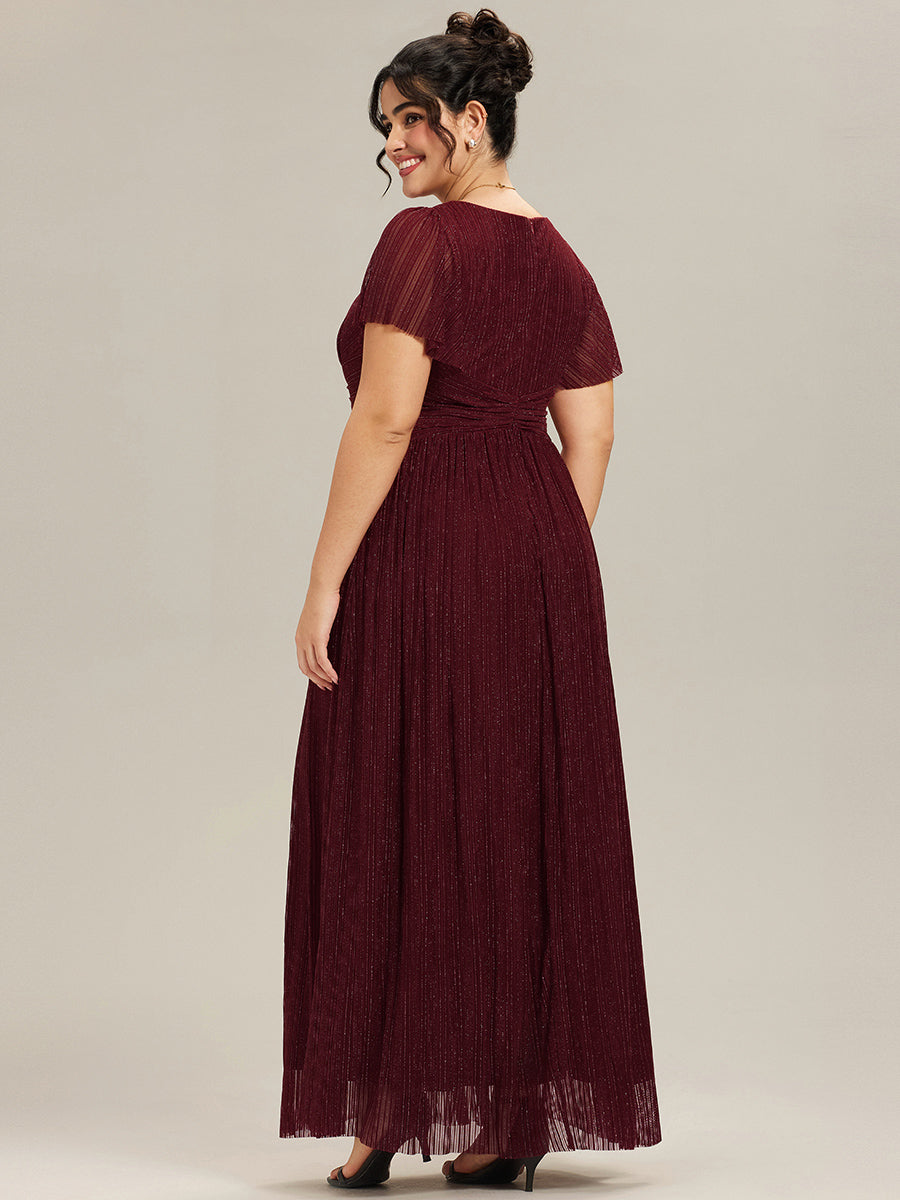 Robe de soirée formelle scintillante à manches courtes et col en V de grande taille #Couleur_Bordeaux