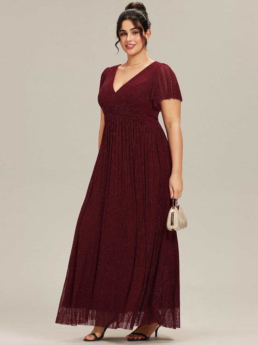 Robe de soirée formelle scintillante à manches courtes et col en V de grande taille #Couleur_Bordeaux