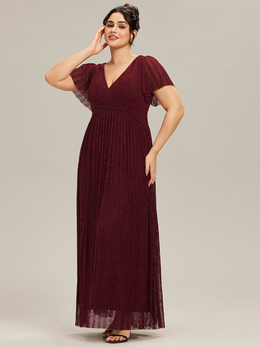 Robe de soirée formelle scintillante à manches courtes et col en V de grande taille #Couleur_Bordeaux