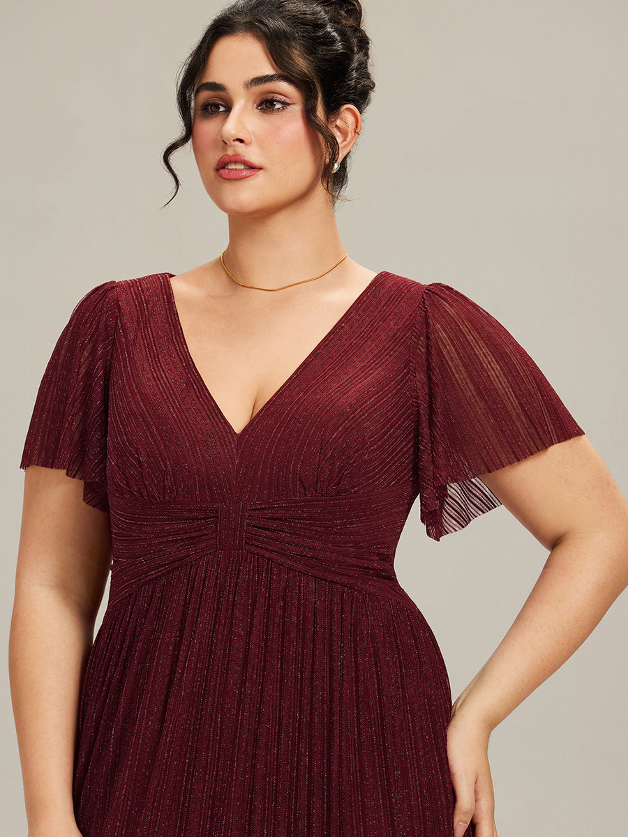 Robe de soirée formelle scintillante à manches courtes et col en V #Couleur_Bordeaux