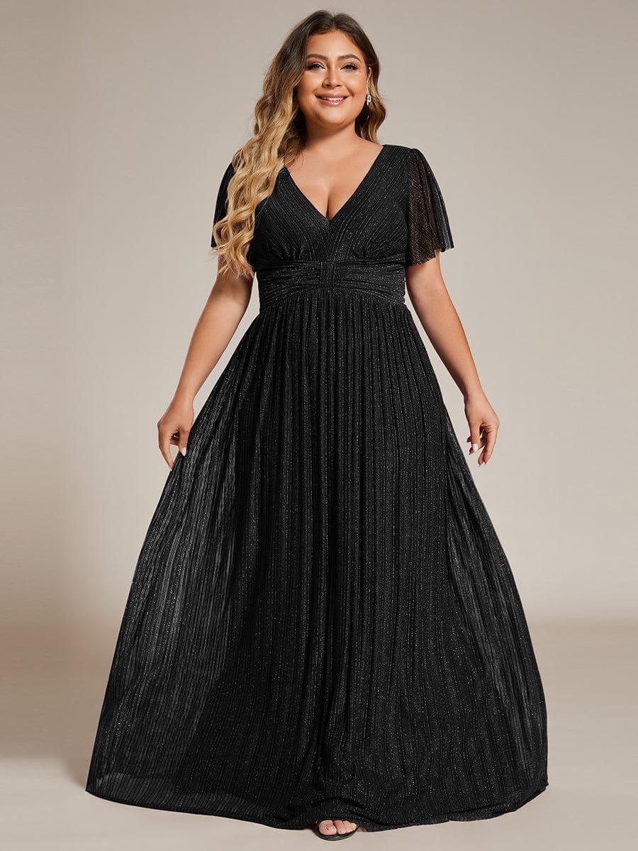 Robe de soirée formelle scintillante à manches courtes et col en V de grande taille #Couleur_Noir