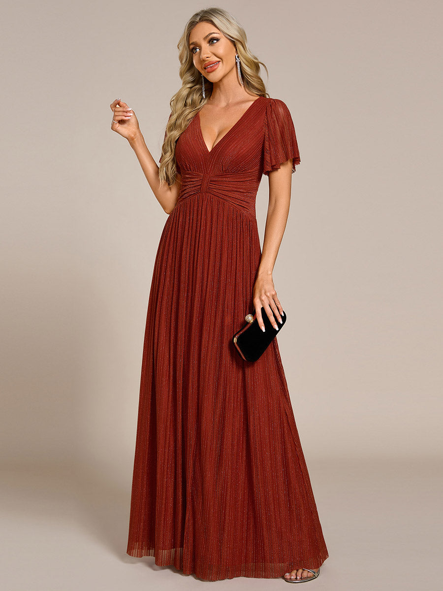Robe de soirée formelle scintillante à manches courtes et col en V #Couleur_Burnt Orange
