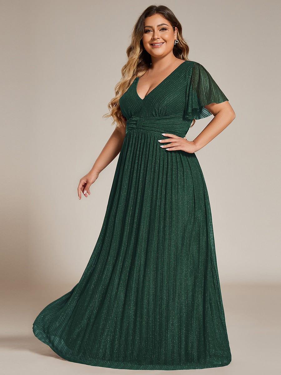 Robe de soirée formelle scintillante à manches courtes et col en V de grande taille #Couleur_Vert Fonce