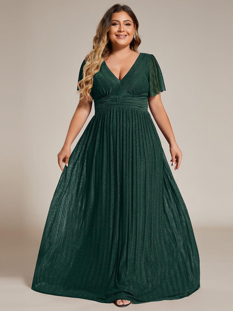 Robe de soirée formelle scintillante à manches courtes et col en V de grande taille #Couleur_Vert Fonce
