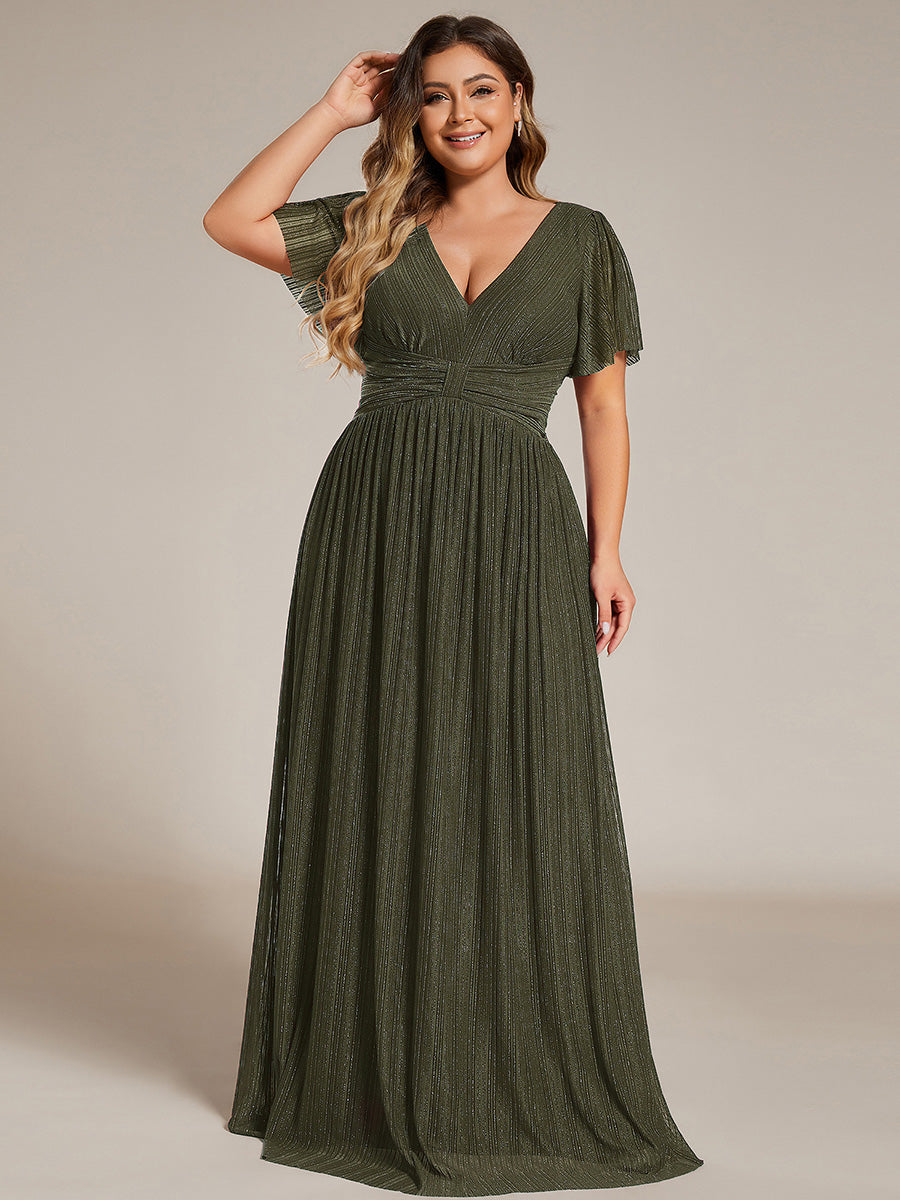 Robe de soirée formelle scintillante à manches courtes et col en V #Couleur_Vert Olive