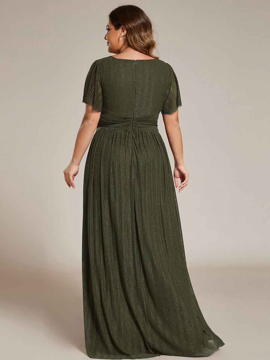 Robe de soirée formelle scintillante à manches courtes et col en V #Couleur_Vert Olive
