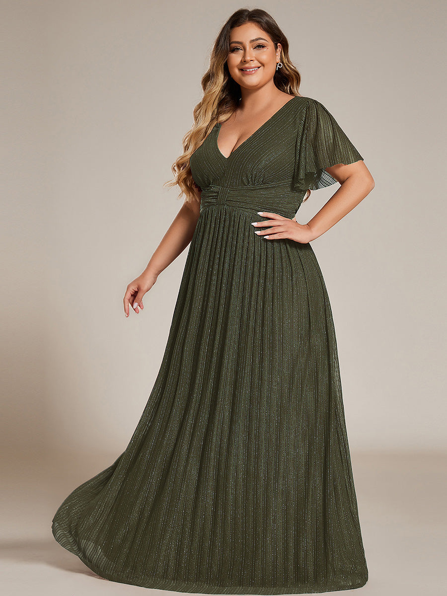 Robe de soirée formelle scintillante à manches courtes et col en V #Couleur_Vert Olive