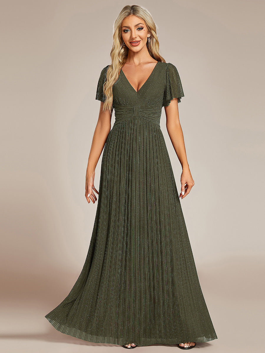 Robe de soirée formelle scintillante à manches courtes et col en V #Couleur_Vert Olive