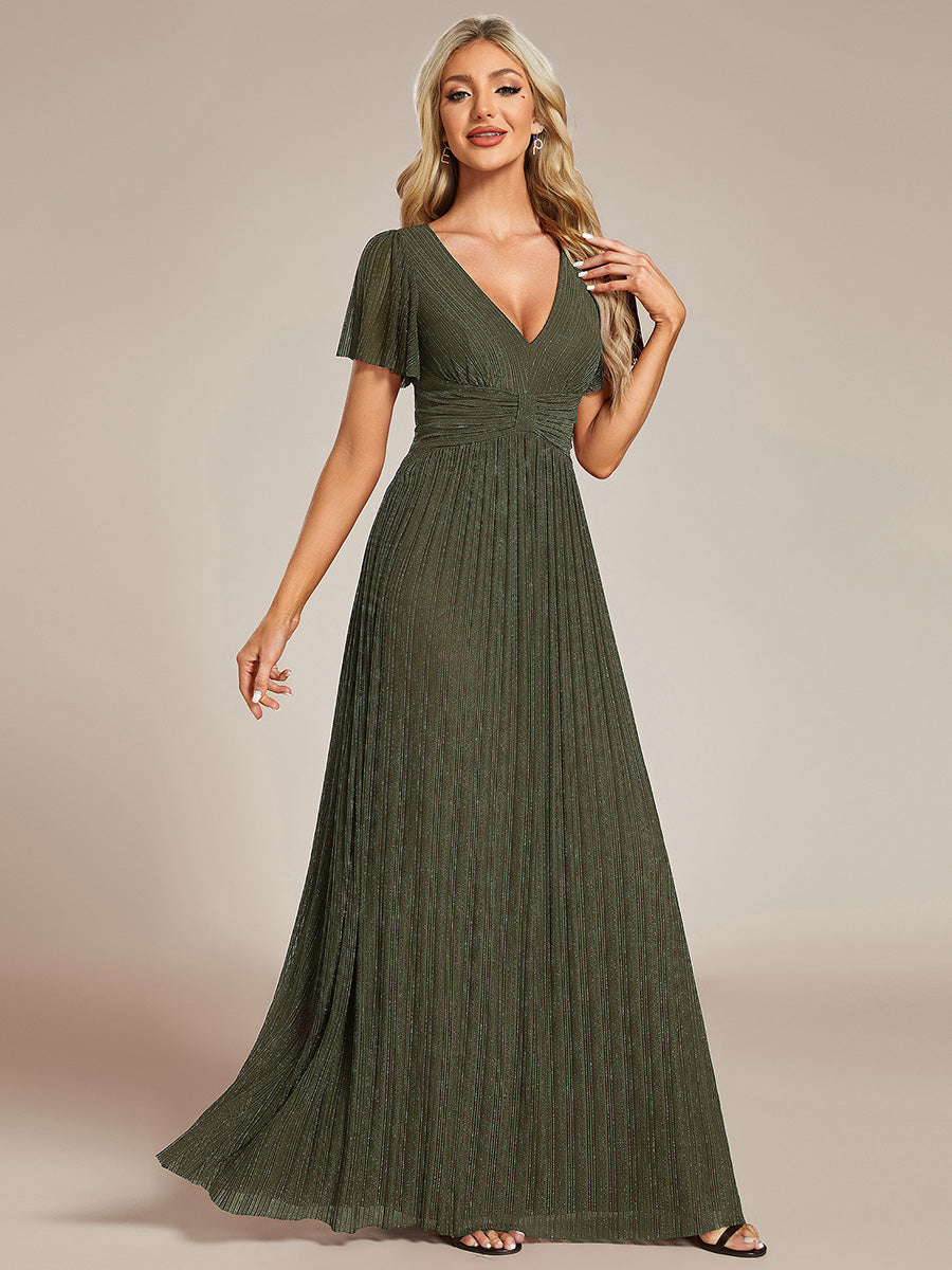 Robe de soirée formelle scintillante à manches courtes et col en V #Couleur_Vert Olive