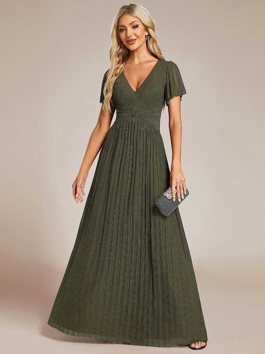 Robe de soirée formelle scintillante à manches courtes et col en V #Couleur_Vert Olive