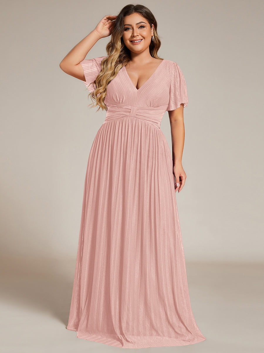 Robe de soirée formelle scintillante à manches courtes et col en V #Couleur_Rose