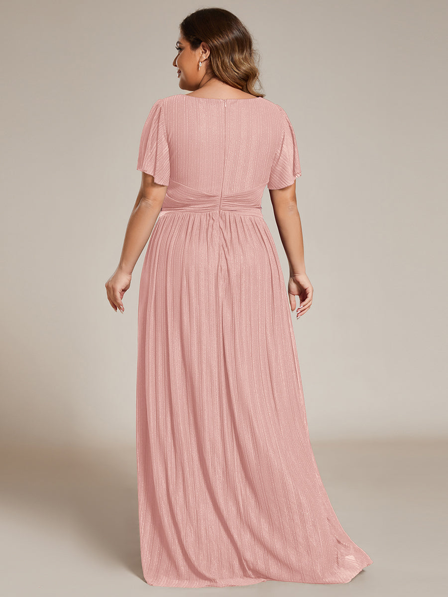 Robe de soirée formelle scintillante à manches courtes et col en V #Couleur_Rose