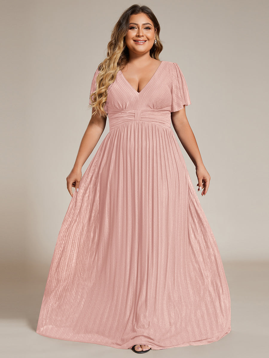 Robe de soirée formelle scintillante à manches courtes et col en V #Couleur_Rose