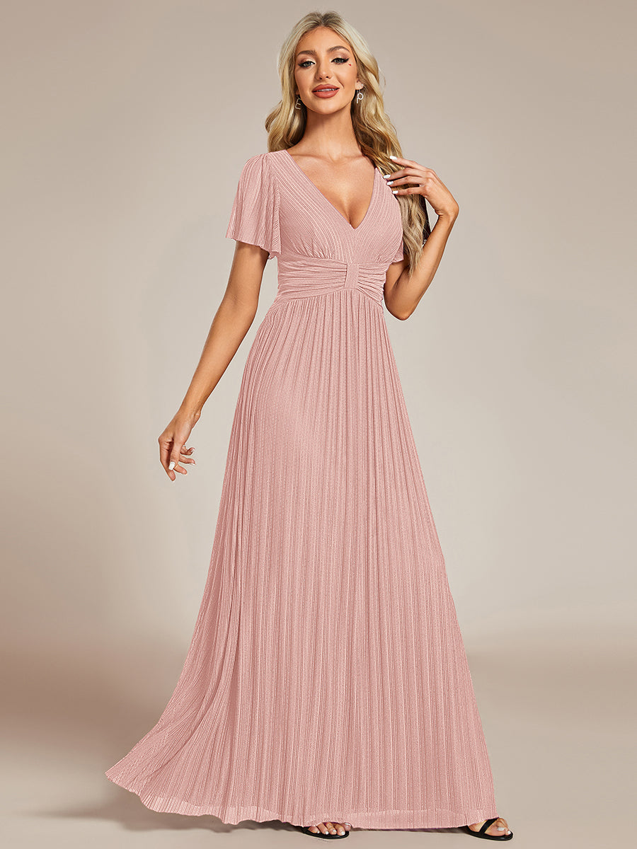 Robe de soirée formelle scintillante à manches courtes et col en V #Couleur_Rose