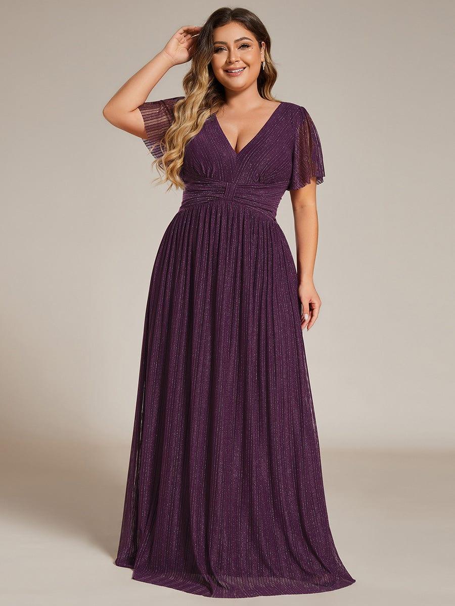 Robe de soirée formelle scintillante à manches courtes et col en V de grande taille #Couleur_Glycine violette