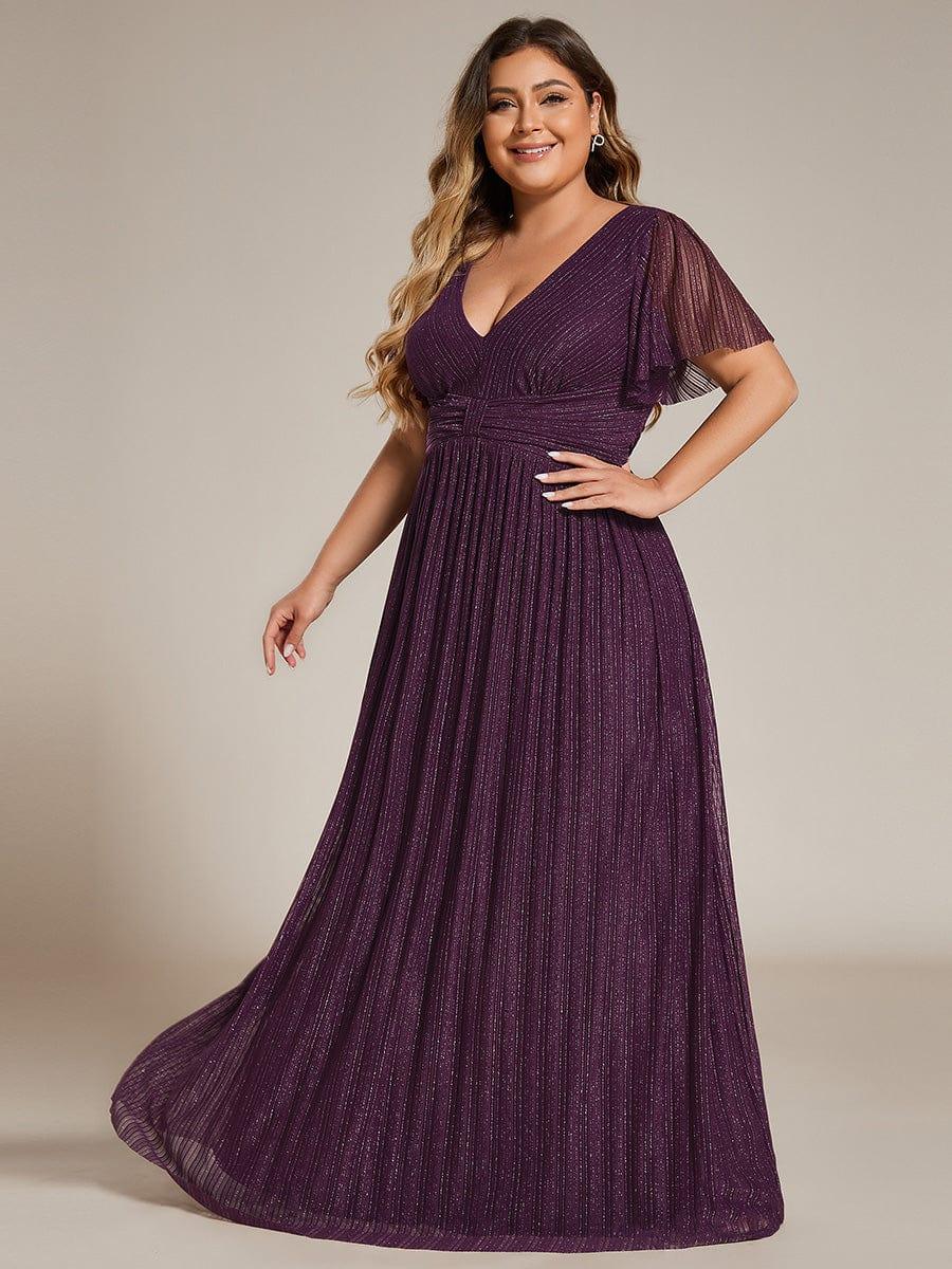 Robe de soirée formelle scintillante à manches courtes et col en V de grande taille #Couleur_Glycine violette