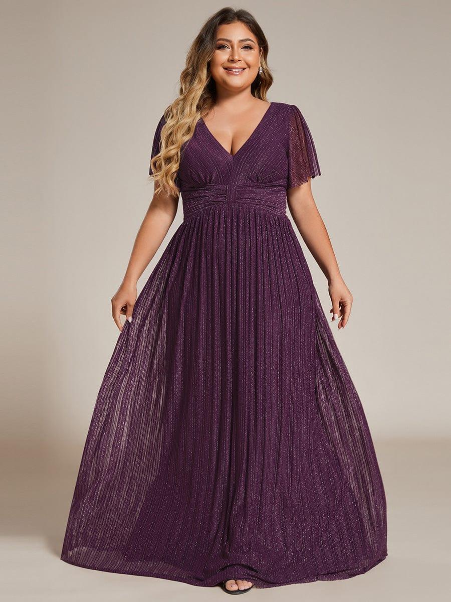 Robe de soirée formelle scintillante à manches courtes et col en V de grande taille #Couleur_Glycine violette