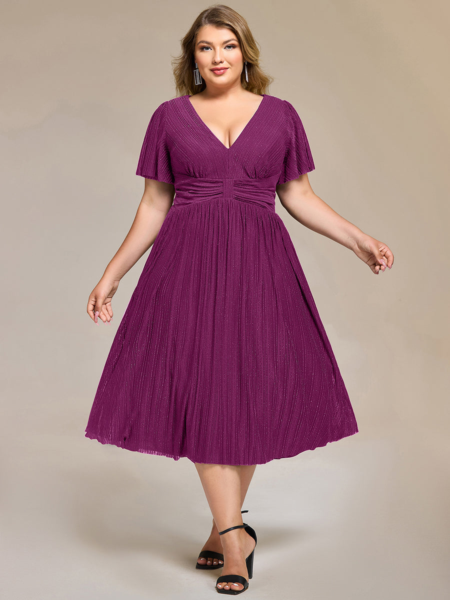 Robe D'invité De Mariage En Mousseline De Soie Mi-Longue Plissée à Manches à Volants Et Col En V #Couleur_Glycine violette