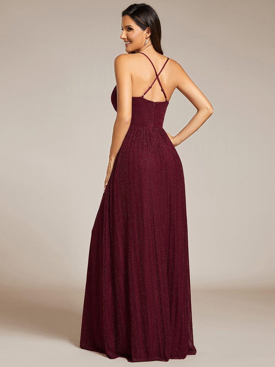 Robe de soirée formelle dos nu à bretelles spaghetti pailletées et col en V #Couleur_Bordeaux