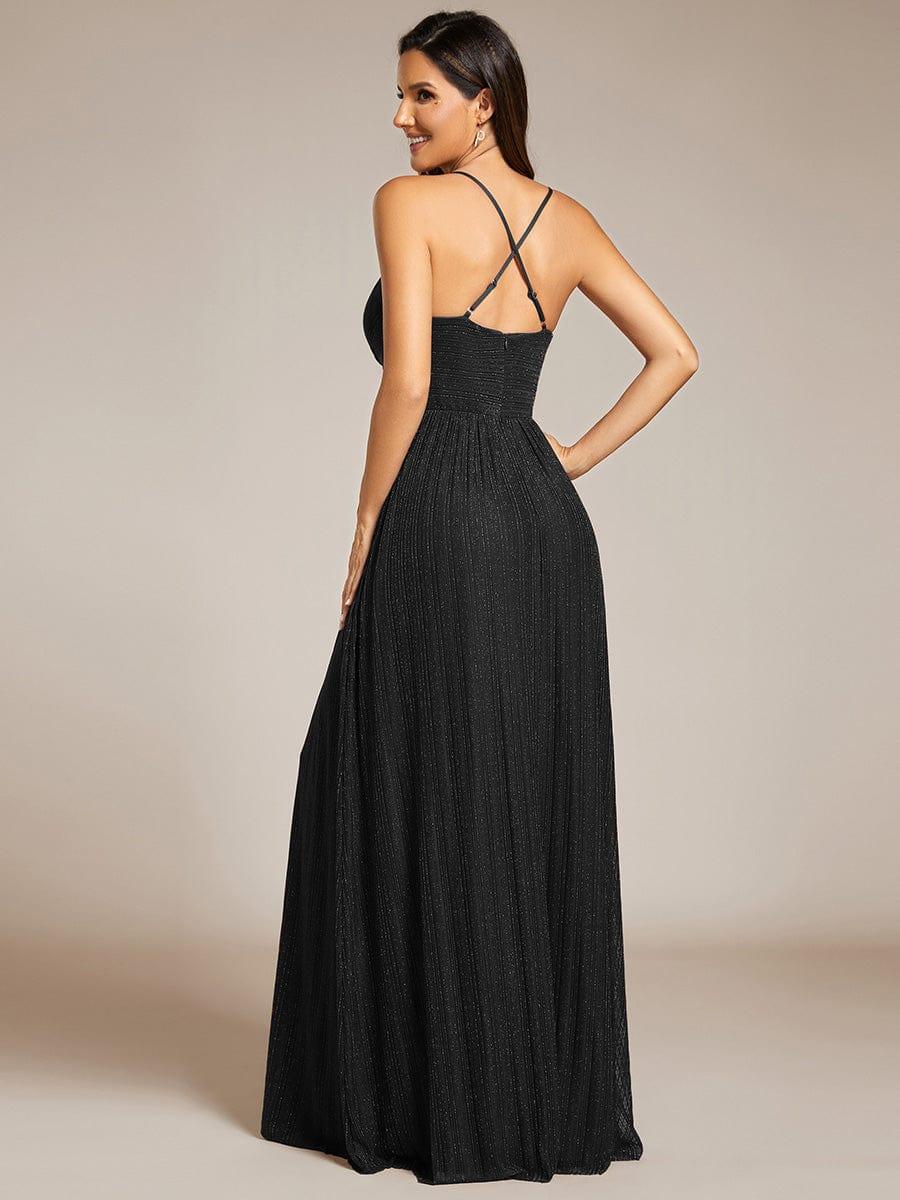 Robe de soirée formelle dos nu à bretelles spaghetti pailletées et col en V #Couleur_Noir