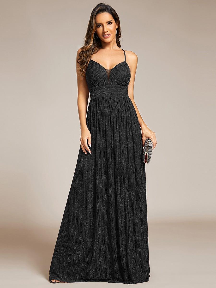 Robe de soirée formelle dos nu à bretelles spaghetti pailletées et col en V #Couleur_Noir