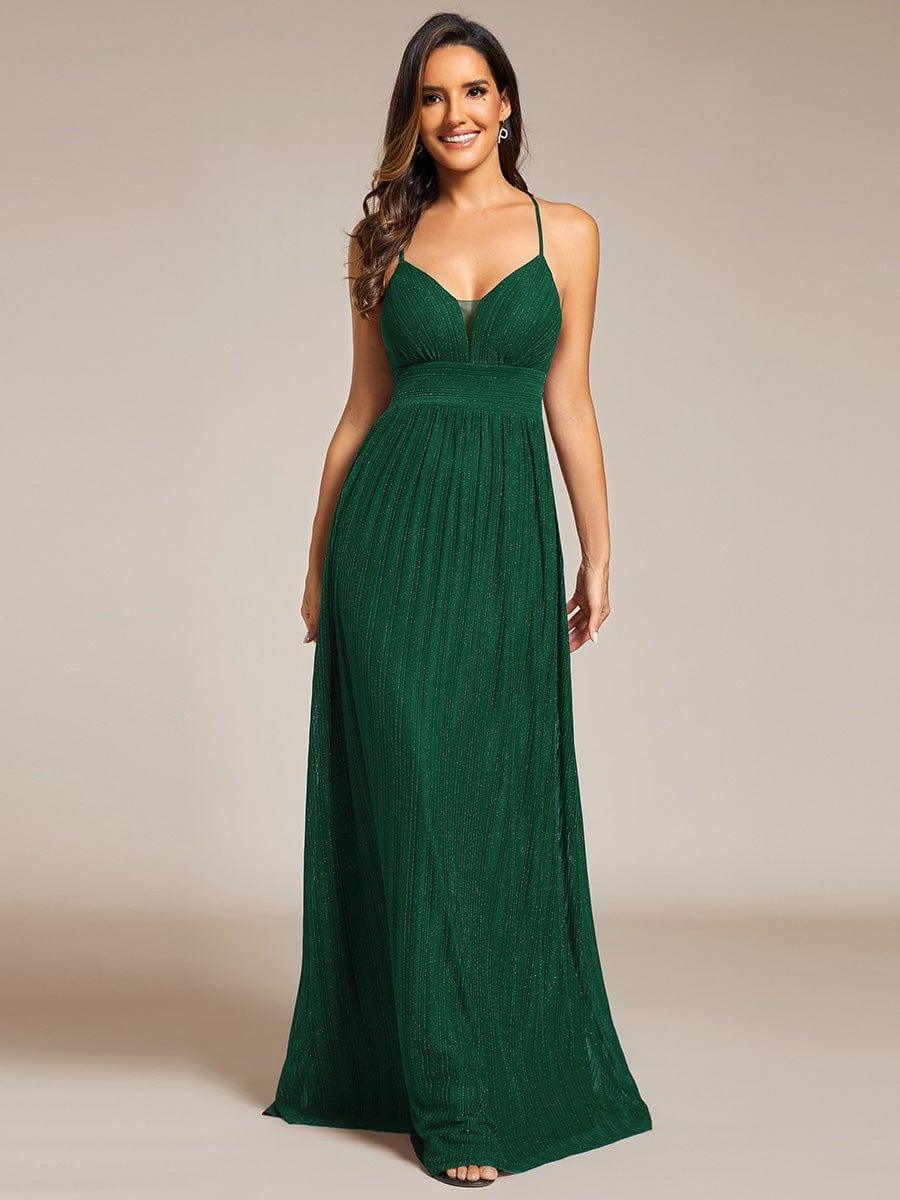 Robe de soirée formelle dos nu à bretelles spaghetti pailletées et col en V #Couleur_Vert Fonce