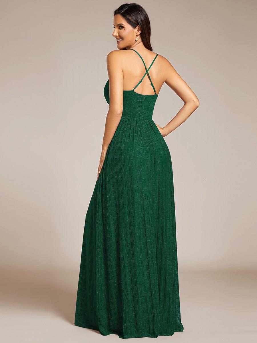 Robe de soirée formelle dos nu à bretelles spaghetti pailletées et col en V #Couleur_Vert Fonce